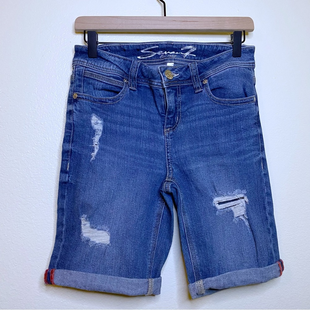 Seven7 Medium Wash Distressed Ripped Cuffed Bermuda Denim Jean Shorts - 4